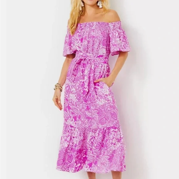 NWT LILLY PULITZER ISBELL OFF-THE-SHOULDER DRESS LINEN Retail $228 NWT - Picture 1 of 5